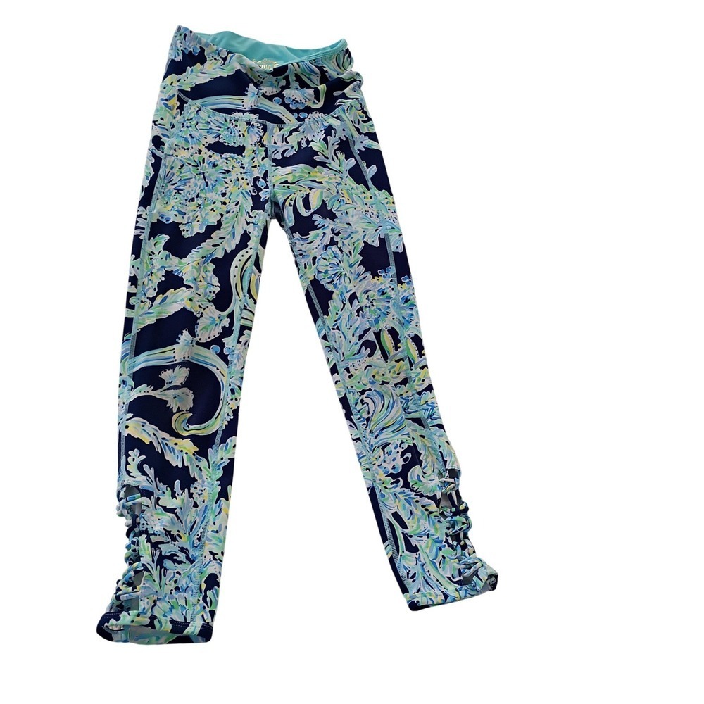 Lilly Pulitzer Blue Green Floral Luxletic Leggings XXS Lattice Ankle Crop